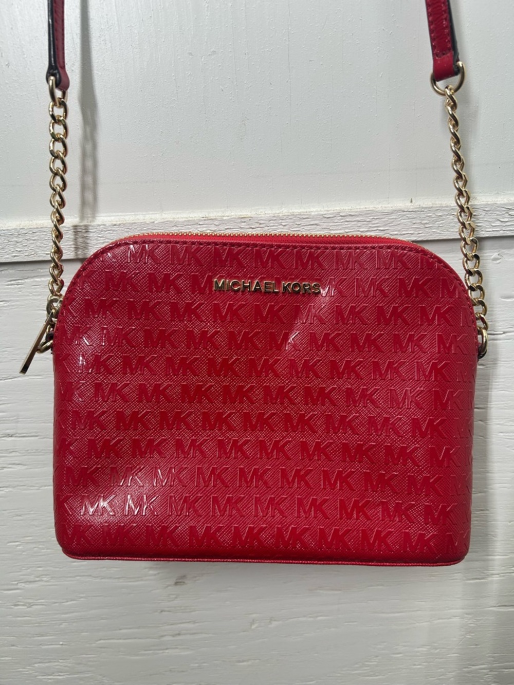 Michael Kors Red Signature MK Logo Crossbody with Gold Chain